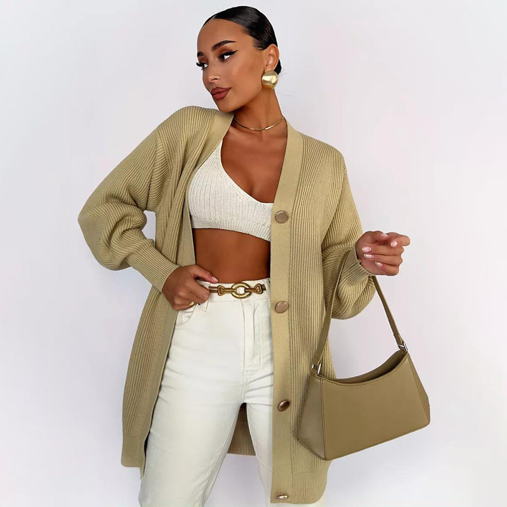 Damen Strickmantel Oversized Elegant Knöpfe Beige - Eveloria