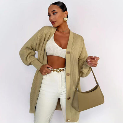 Damen Strickmantel Oversized Elegant Knöpfe Beige - Eveloria