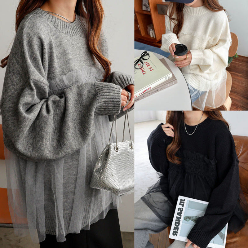 Damen Oversized Pullover Rüschendetails Eveloria - Eveloria