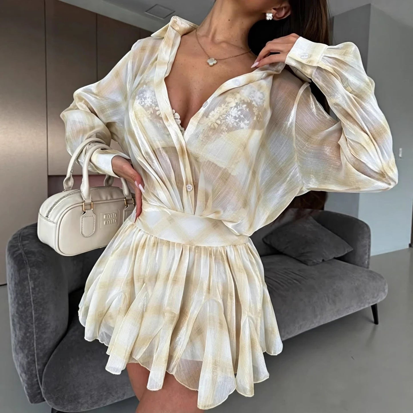 Damen Ensemble Bluse und Rock aus luftigem Stoff