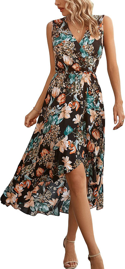 Damen Maxikleid Floralmuster Schwingender Saum Eveloria