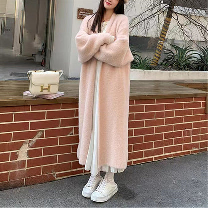 Damen Maxi Cardigan Flauschig V-Ausschnitt Oversized Beige