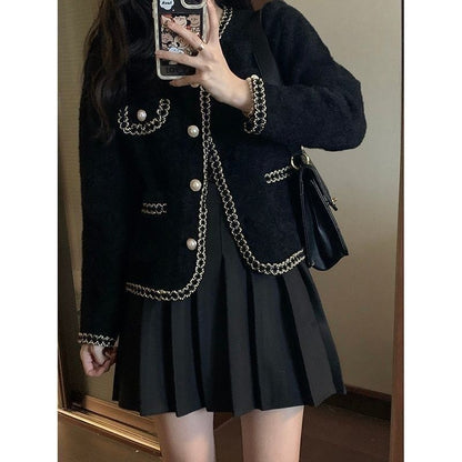 Eveloria Damen Bouclé-Jacke Perlenbesatz Elegantes Design