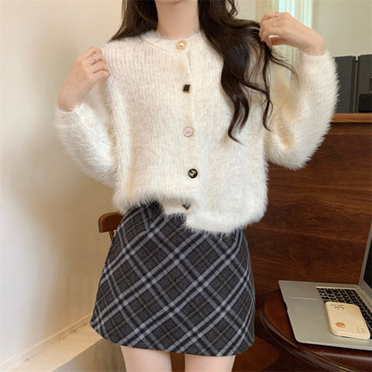 Damen Strickjacke Flauschig Länge Mit Knöpfen Langärmlig