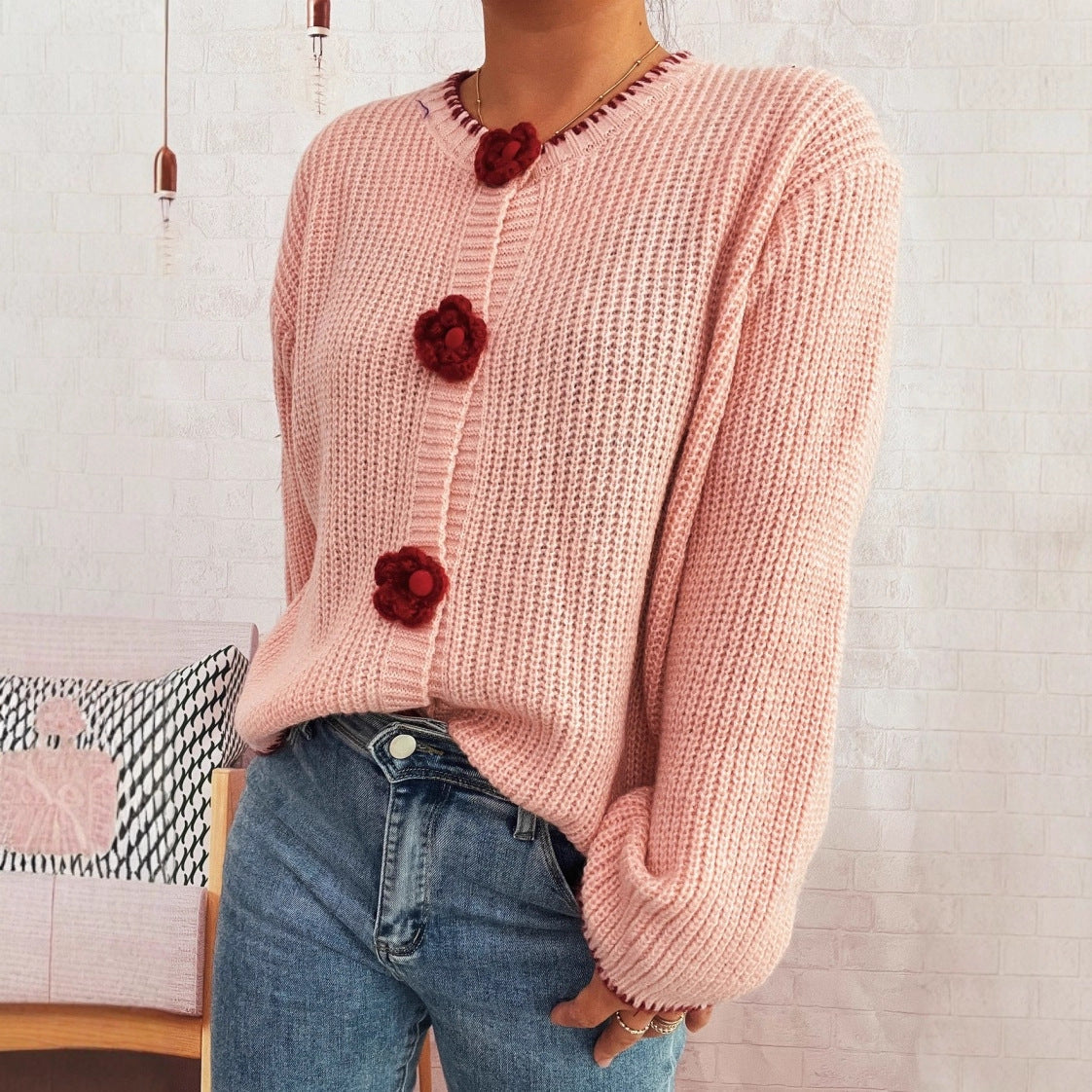 Damen Strickjacke Florale Knöpfe Strukturiert Eveloria