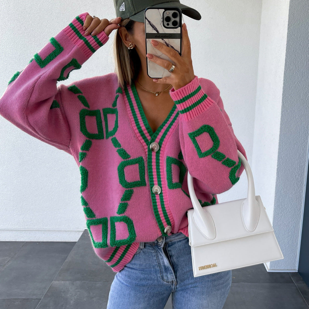 Damen Cardigan Grobstrick Kontrastmuster Eveloria