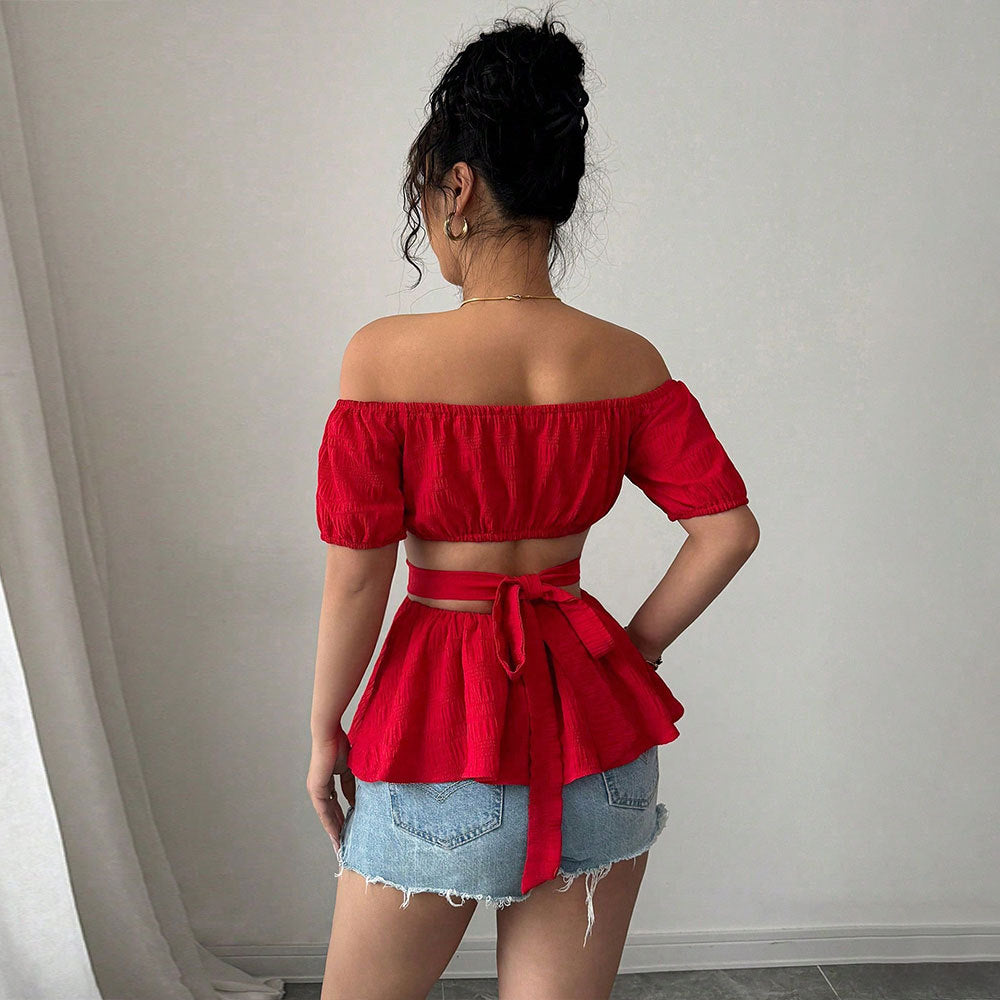 Damen Off-Shoulder Bluse Rüschensaum Seitliche Cut-Outs