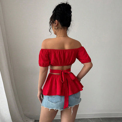 Damen Off-Shoulder Bluse Rüschensaum Seitliche Cut-Outs