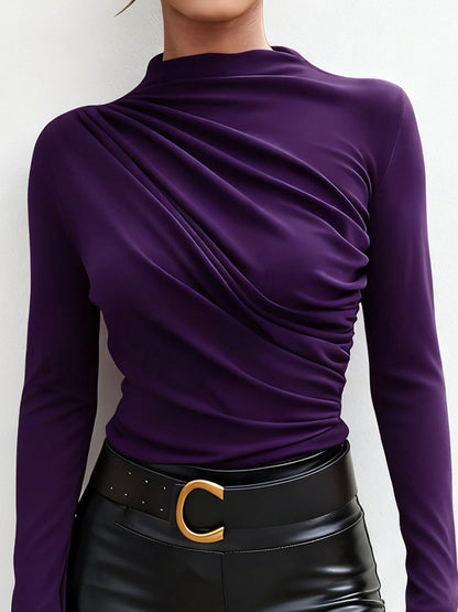 Damen Langarmshirt Stehkragen -Drapierung Elegantes Design Eveloria