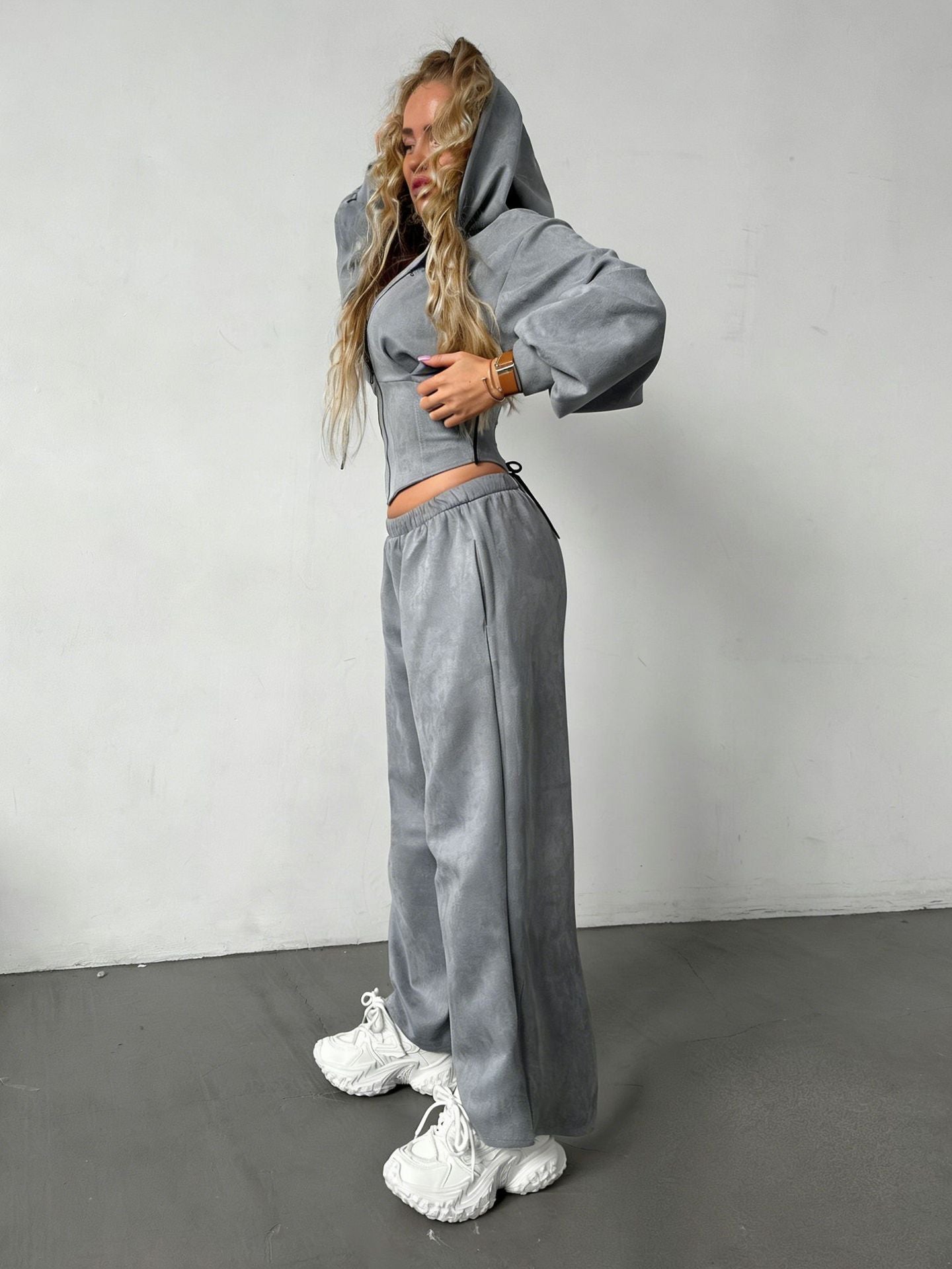 Damen Sportset Cropped Kapuzenjacke Jogginghose Elastisch