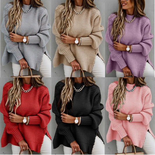Damen Grobstrickpullover Hochgeschlossener Kragen Seitliche Schlitzen - Eveloria