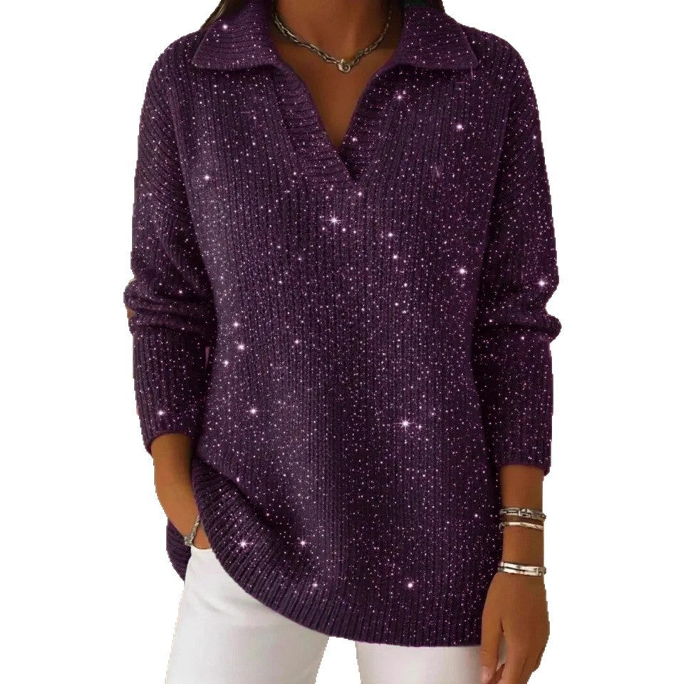 Damen Strickpullover Schimmer Effekt Moderner Kragen Eveloria