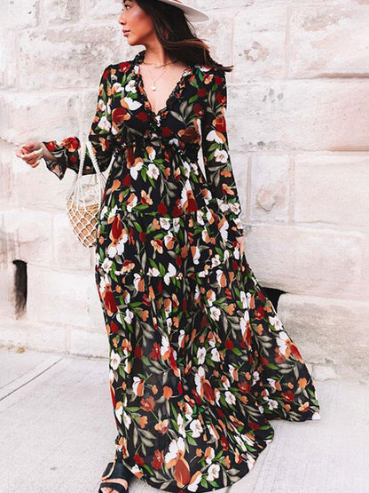 Damen Maxikleid Floraler Druck V-Ausschnitt Eveloria