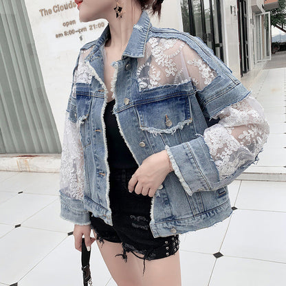 Damen Denimjacke Spitzenverzierung Blau