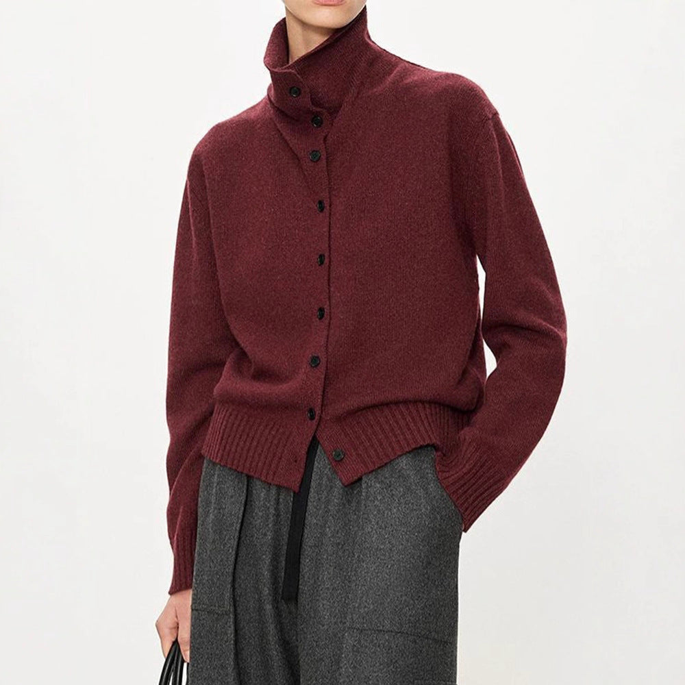Damen Strickcardigan Hochkragen Knopfleiste Grau Eveloria - Eveloria