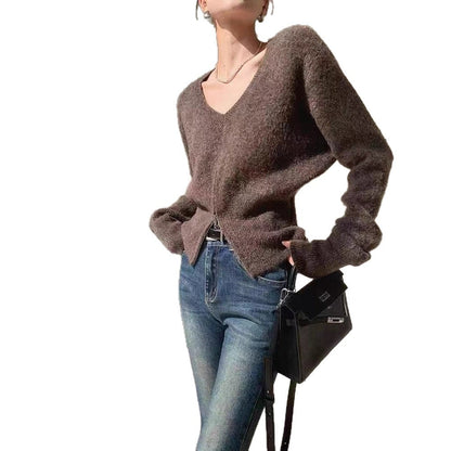 Damen Strickjacke V-Ausschnitt Reißverschluss Eveloria