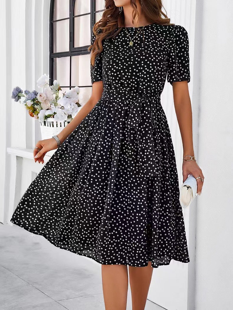 Damen Midikleid mit Punktedesign und Taillengürtel