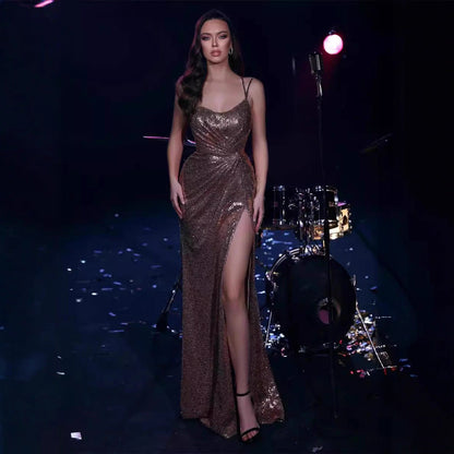 Damen Abendkleid Schimmer Effekt Hochschlitz Eveloria