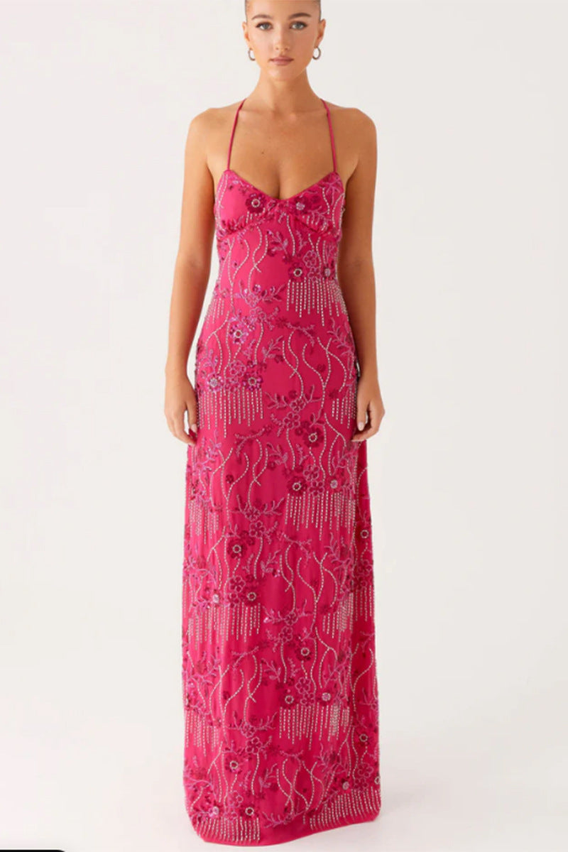 Damen Maxikleid V-Ausschnitt mit Applikationen Eveloria