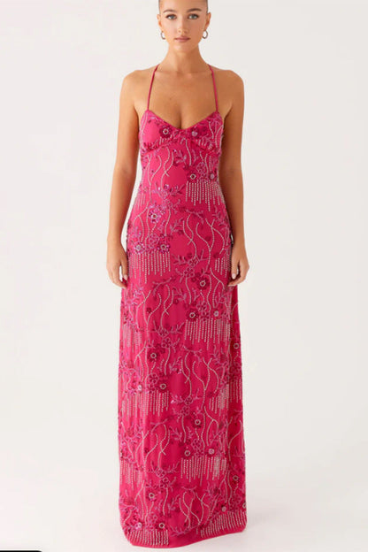 Damen Maxikleid V-Ausschnitt mit Applikationen Eveloria