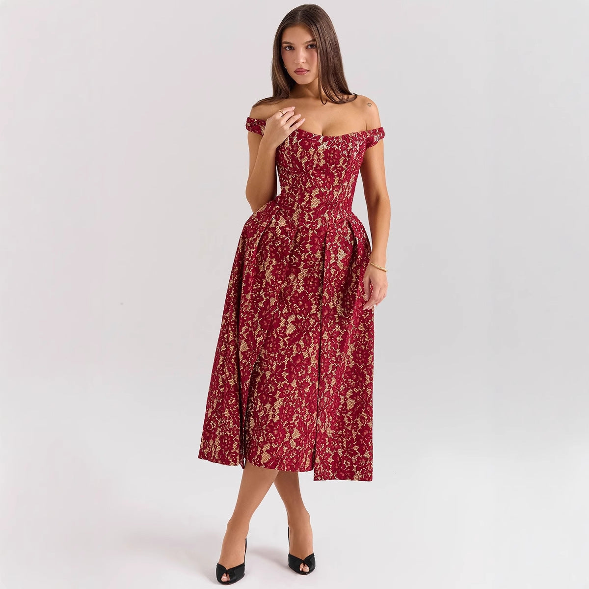 Damen Spitzenkleid A-Linie Elegantes Hochzeitskleid Weiß