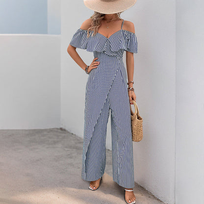 Damen Jumpsuit Schulterfrei Gestreift Eveloria
