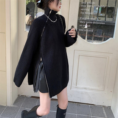 Damen Rollkragenpullover Oversized mit Reißverschluss und Rippenmuster