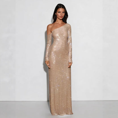 Damen Abendkleid mit Paillettenbesatz Asymmetrischer Ausschnitt