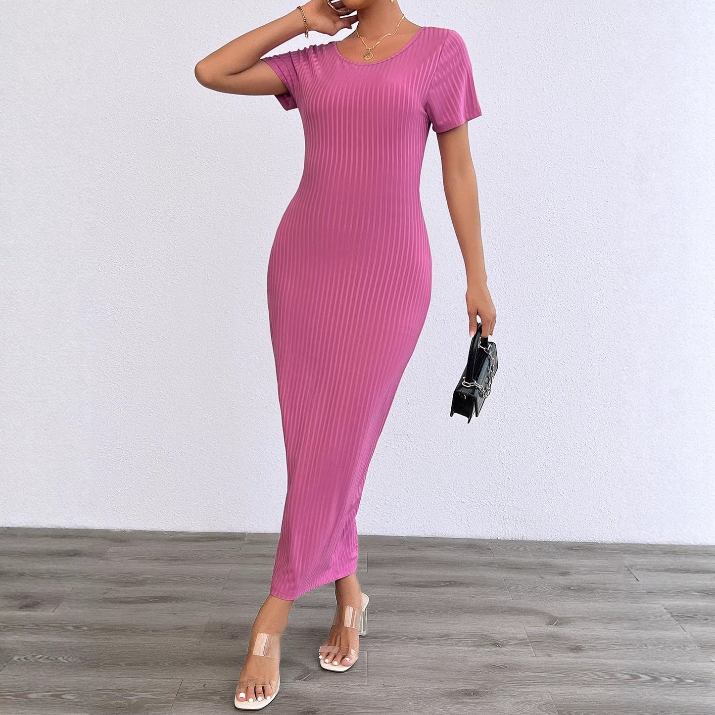 Damen Maxikleid Rippstrick Figurbetonend Kurzärmelig