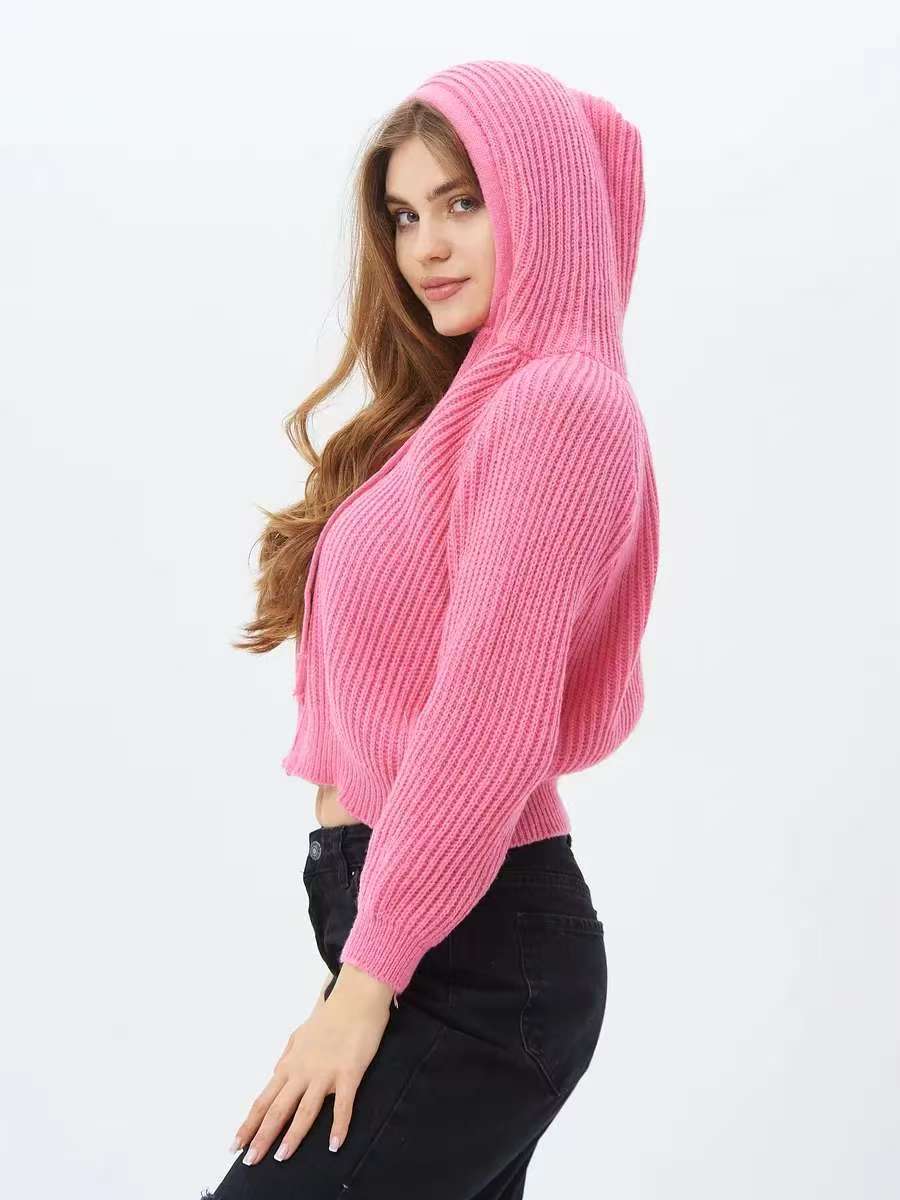 Damen Hoodie Weiches RippstrickMaterial Mit Kordelzug