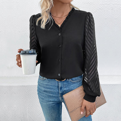 Damen Bluse Rüschendetails transparente Spitze Elegant Schwarz - Eveloria