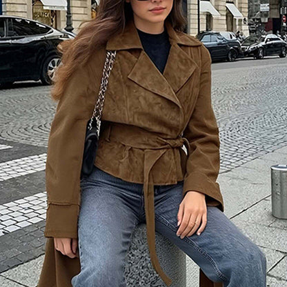 Damen Wildlederjacke Mit Gürtel Schwarz Eveloria - Eveloria