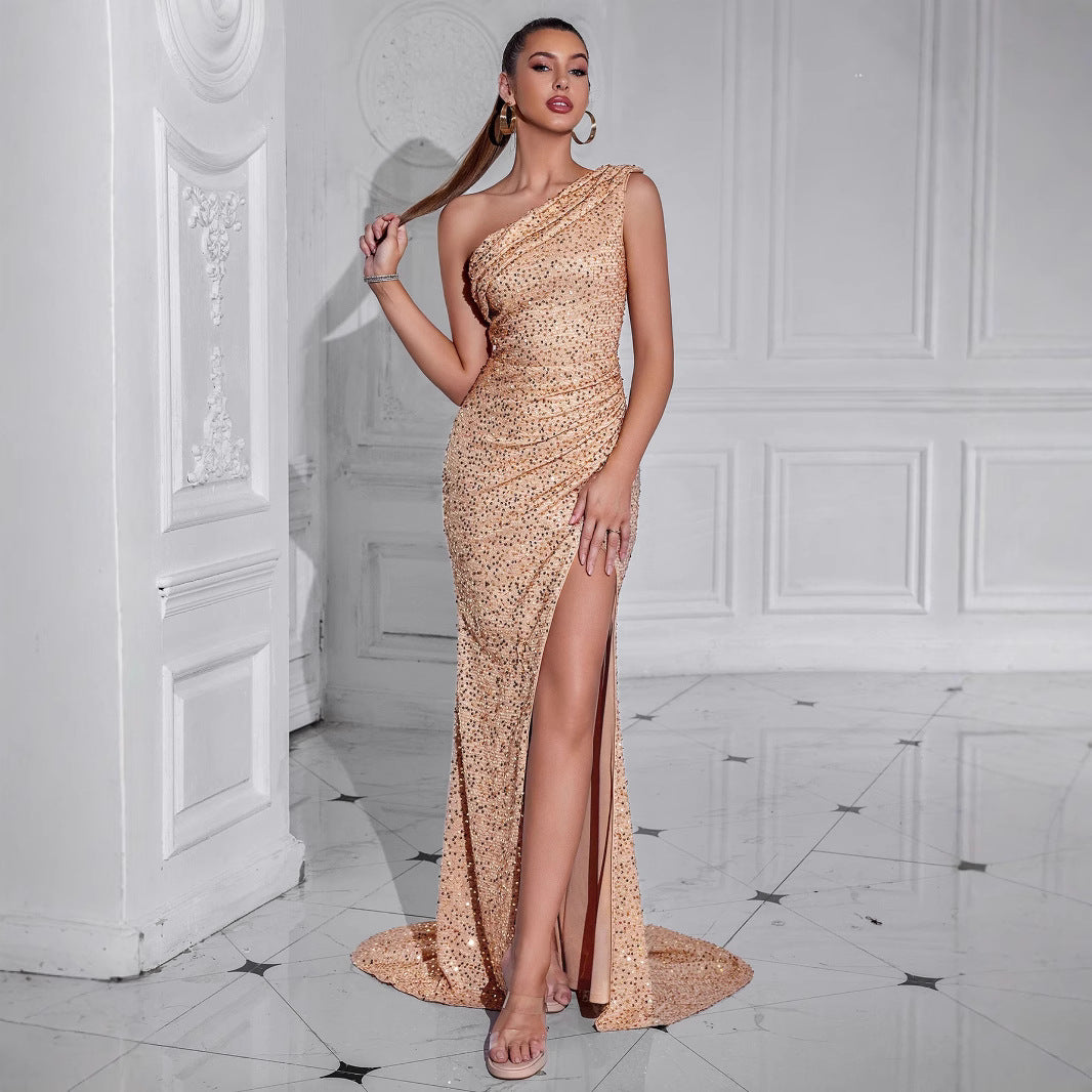 Damen Abendkleid Asymmetrisch Pailletten Schwarz - Eveloria