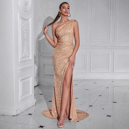 Damen Abendkleid Asymmetrisch Pailletten Schwarz - Eveloria