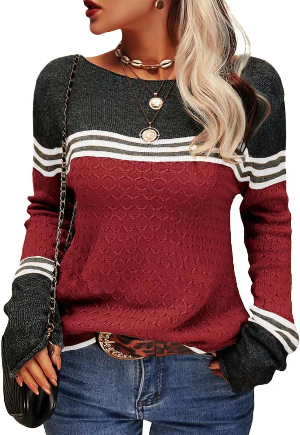 Damen Strickpullover Kontrastfarben Einzigartige Textur Grau
