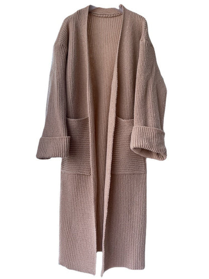 Damen Strickmantel Grobstrick Lässiger Schnitt Tiefen Taschen Beige