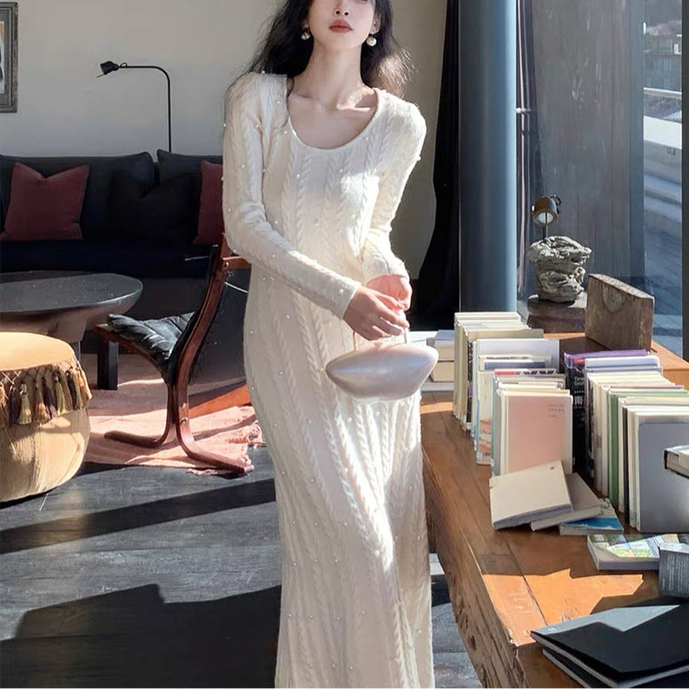 Damen Strickkleid Zopfmuster Perlenspitze Eveloria