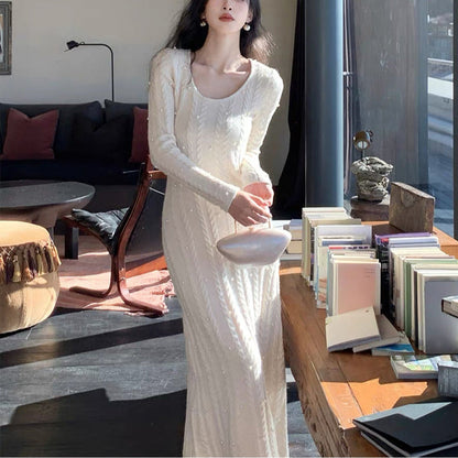 Damen Strickkleid Zopfmuster Perlenspitze Eveloria
