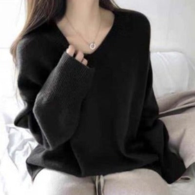 Damen Pullover Grobgestrickt V-Ausschnitt Oversized Ärmel Beige