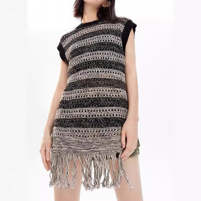 Damen Stricktop mit Fransen und Lochmuster Beige