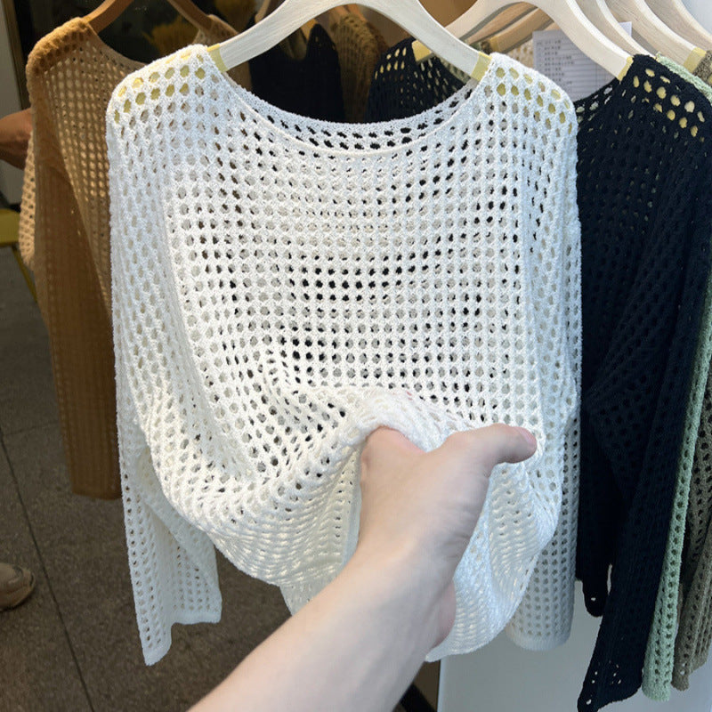 Damen Strickpullover Luftig Grobes Netzmuster Beige - Eveloria