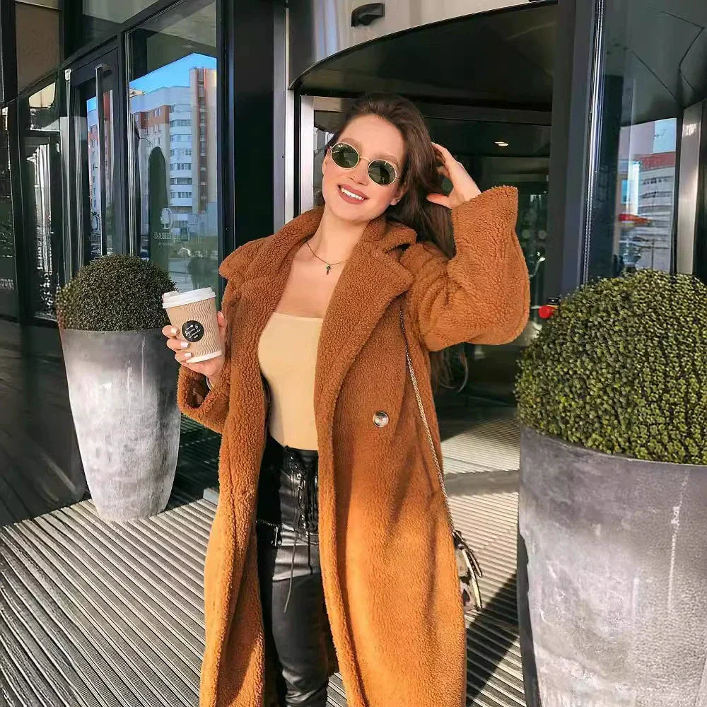 Damen Longcoat Weicher Plüsch Oversized Offen Schwarz - Eveloria