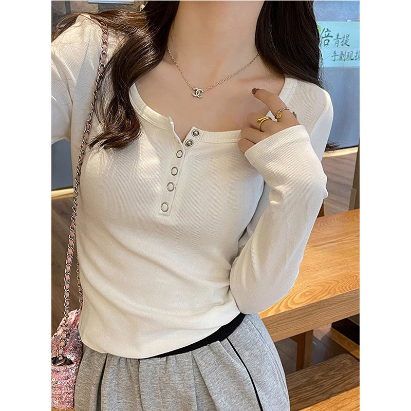 Damen Langarmshirt Rippstruktur Knopfleiste Weiß
