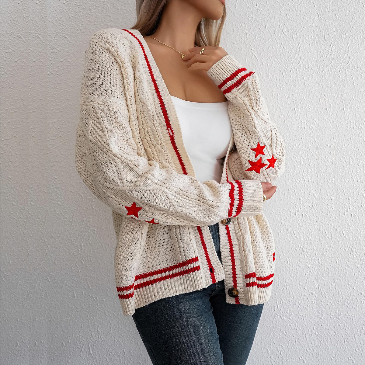 Damen Strickcardigan Strukturiertes Muster Kontrast Akzente Beige - Eveloria