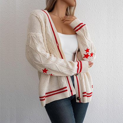 Damen Strickcardigan Strukturiertes Muster Kontrast Akzente Beige - Eveloria
