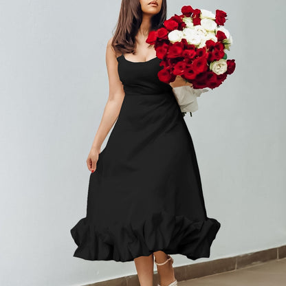 Damen Maxikleid A-Linie Rüschenabschluss zarte Träger