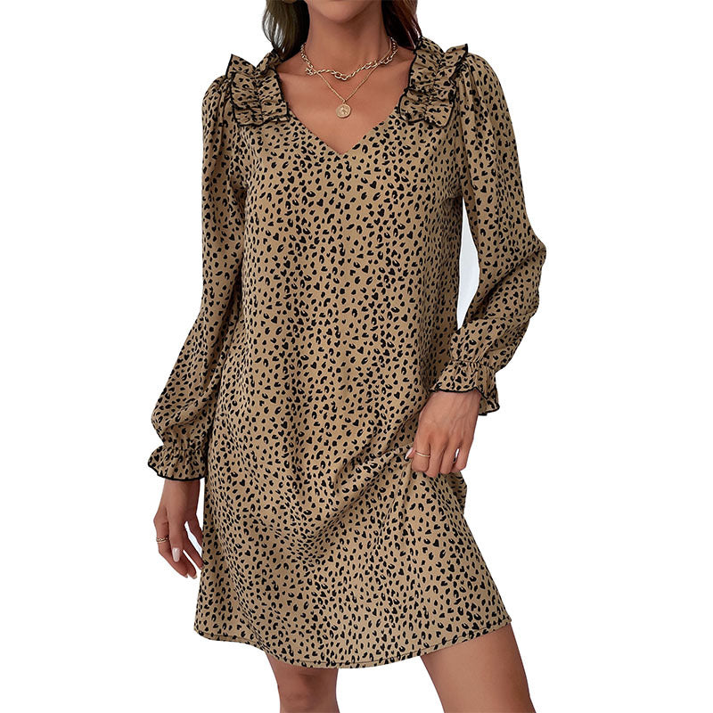 Damen Minikleid Rüschendetails Leopardenmuster Eveloria