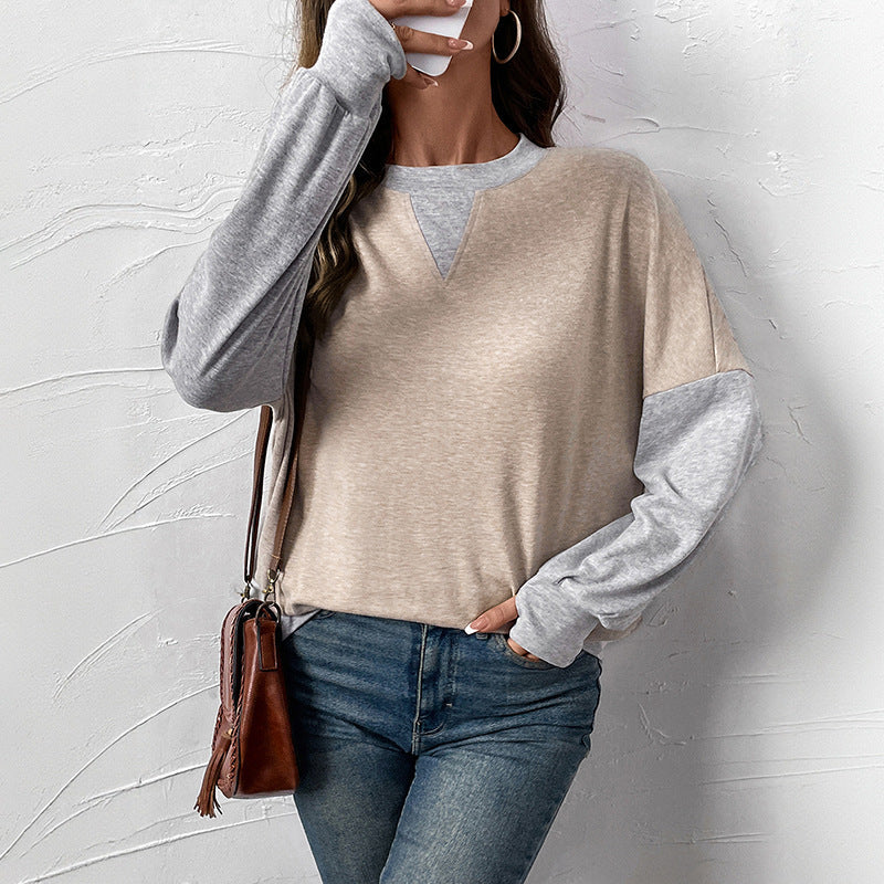 Damen Langarm-Pullover V-Ausschnitt Kontrastärmel Grau
