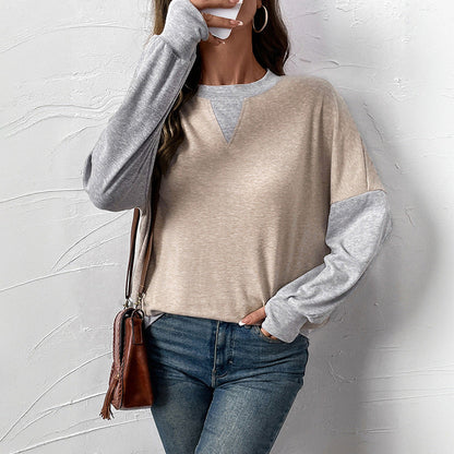 Damen Langarm-Pullover V-Ausschnitt Kontrastärmel Grau