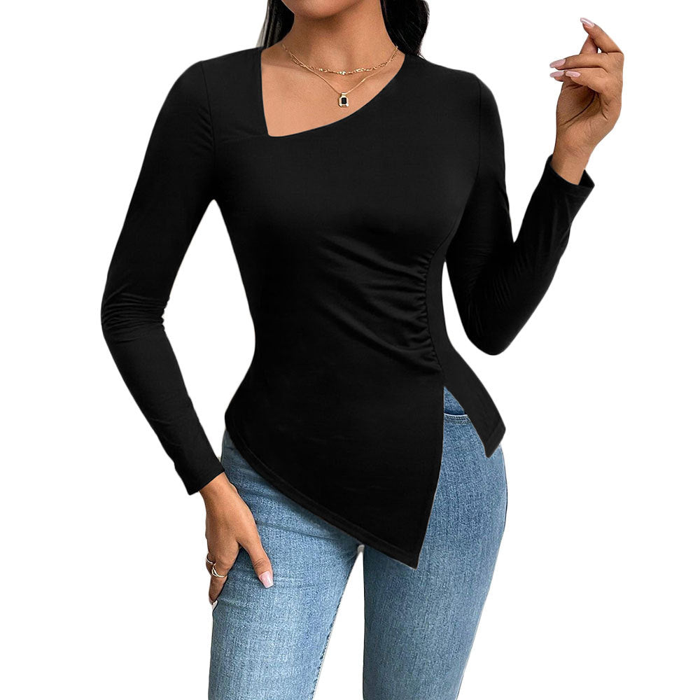 Damen Langarmshirt Asymmetrisch Raffung Eveloria